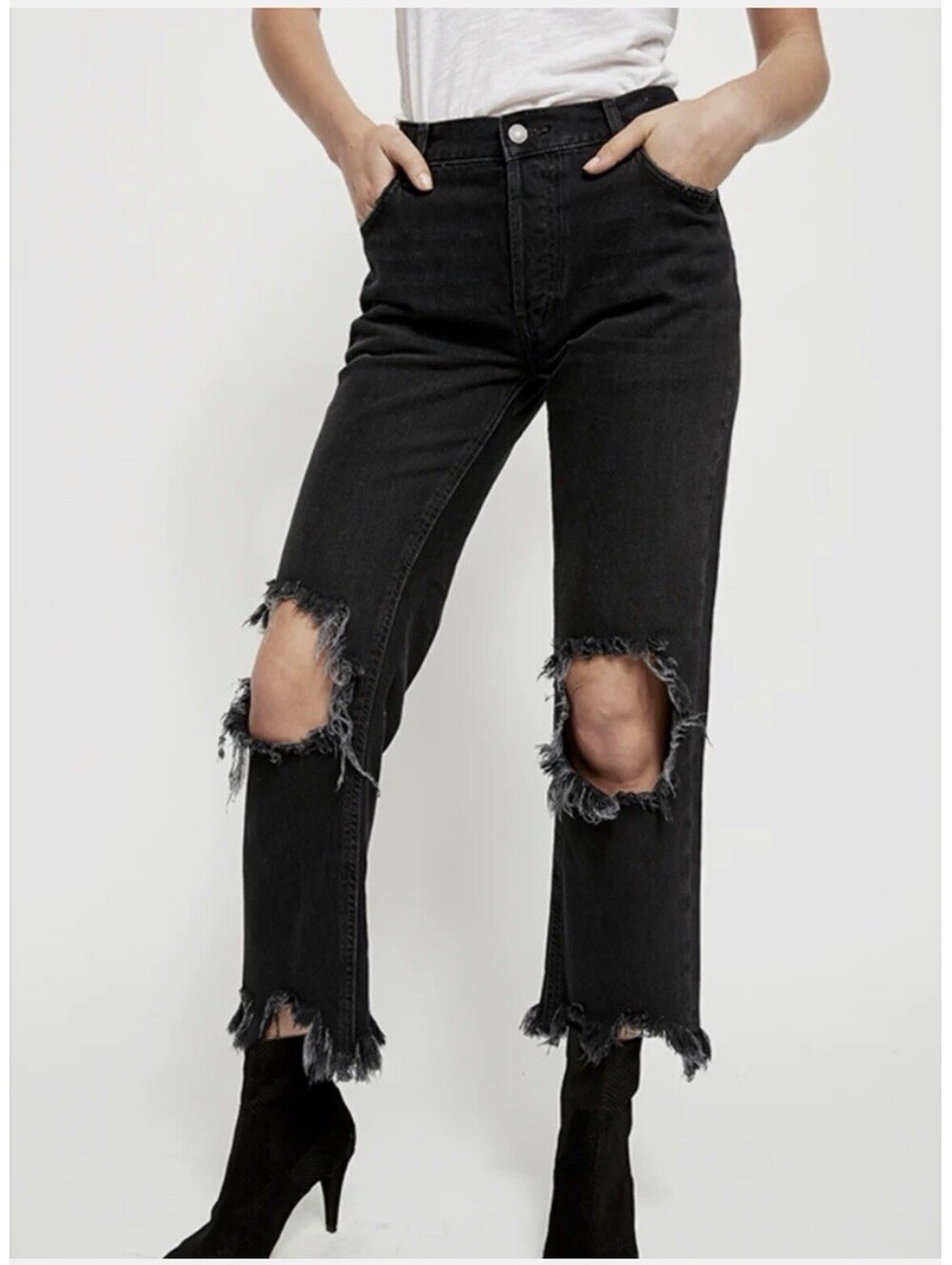 We The Free Jeans Size 29 Maggie Button Fly Straight Leg Black Distressed Ripped